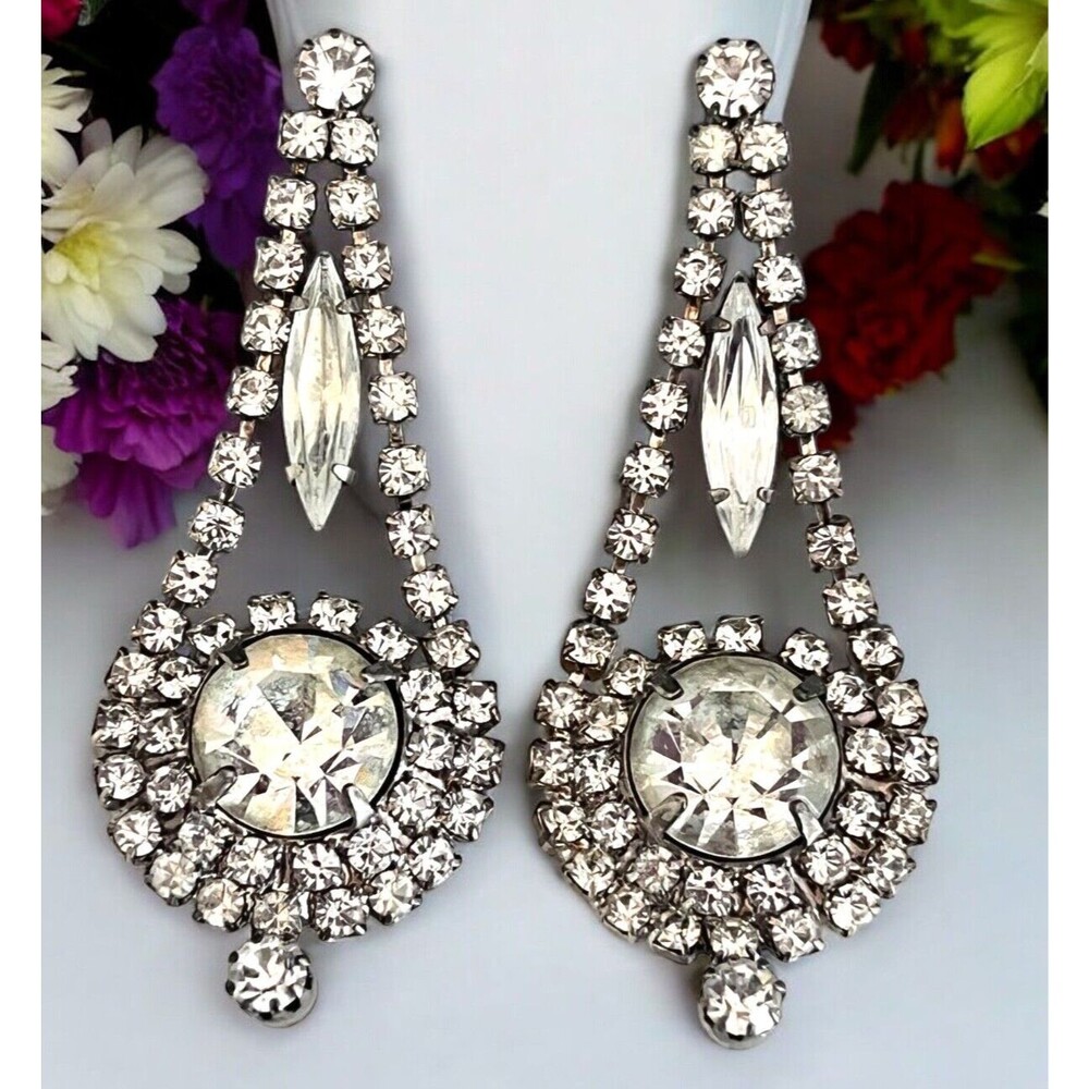 Vintage 1980s Rhinestone Earrings Crystals Navette Silver Tone Pierced - 8O